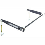 RockJock Antirock front sway bar kit with black heat-treated steel bar, forged chromoly arms, and zinc-plated hardware.