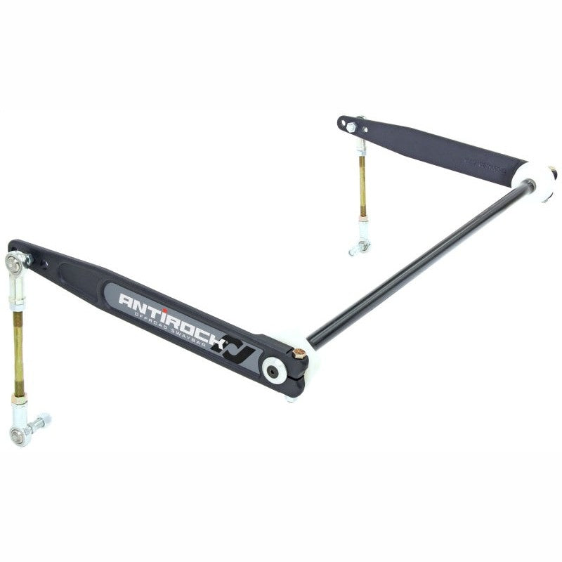 RockJock Antirock front sway bar kit with black heat-treated steel bar, forged chromoly arms, and zinc-plated hardware.