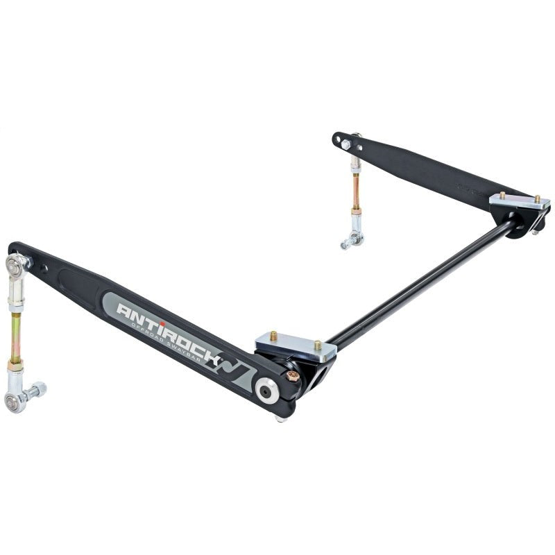 RockJock Antirock front sway bar kit featuring forged 17-inch chromoly arms and silver billet aluminum mounting brackets.