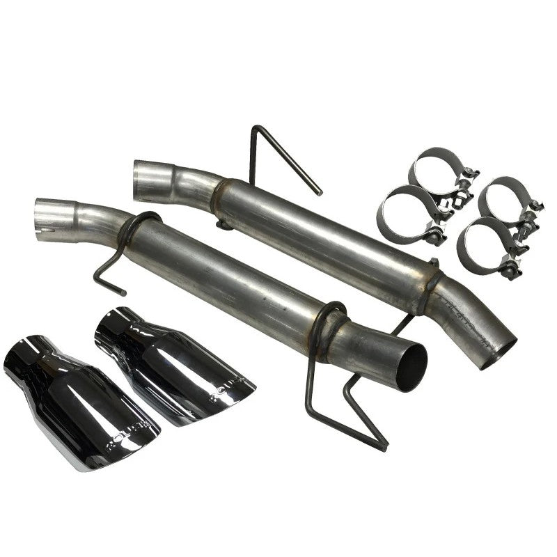 Roush Extreme Axle-Back Exhaust Kit with 409 stainless steel piping and chrome-flashed 304 stainless tips.