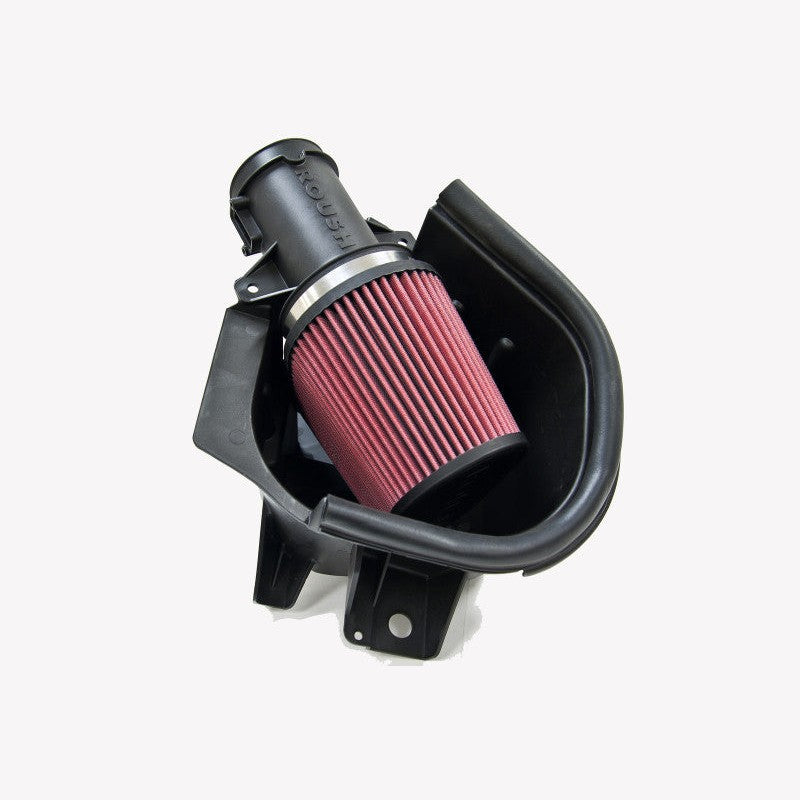 Roush cold air intake kit featuring a red oiled filter, black MAF tube, and airbox tray for 2010-2014 Mustang.
