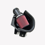 Roush cold air intake kit featuring a red oiled filter, black MAF tube, and airbox tray for 2010-2014 Mustang.