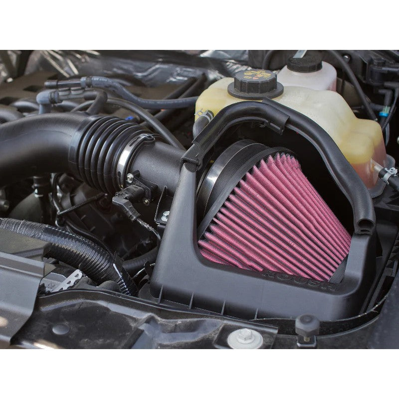 ROUSH Performance cold air intake kit featuring a black induction tube and pre-oiled air filter for 2011-2014 Mustang.