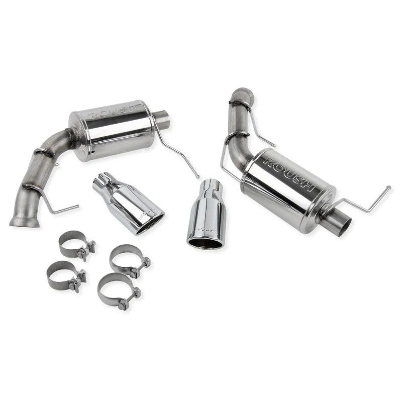 Roush 421145 axle-back exhaust system with 409 stainless mufflers and polished 304 stainless steel round tips.