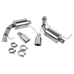 Roush 421145 axle-back exhaust system with 409 stainless mufflers and polished 304 stainless steel round tips.