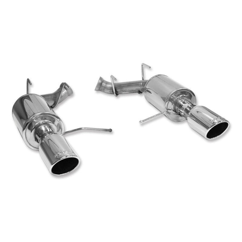 Roush 421127 axle-back exhaust system with 409 stainless steel mufflers and chrome-finished 304 stainless round tips.