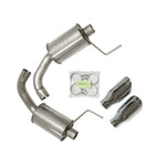 Roush T-304 stainless steel axle-back exhaust system with polished round tips for 2015-2017 Ford Mustang.