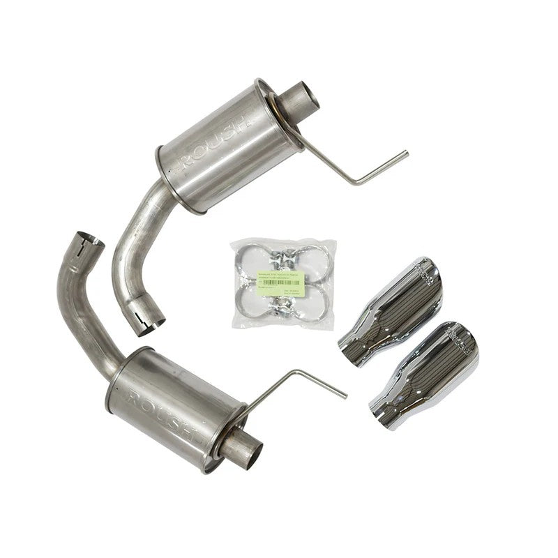 Roush T-304 stainless steel axle-back exhaust system with polished round tips for 2015-2017 Ford Mustang.