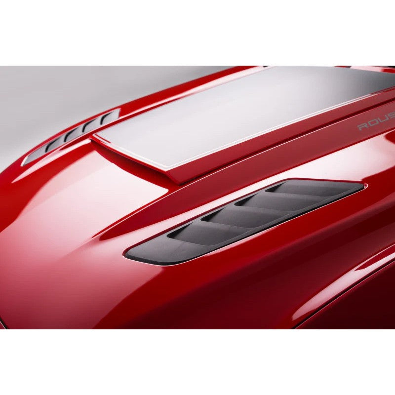 Pair of Roush raw black molded TPO and ABS hood heat extractors for 2015-2017 Ford Mustang.