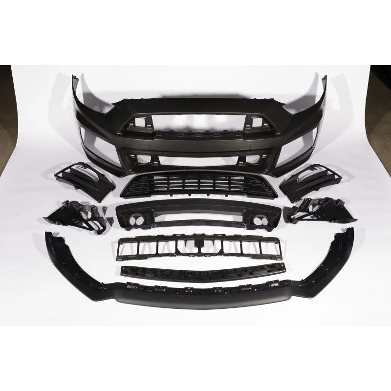 Unpainted Roush front bumper fascia kit with high-flow grilles and chin splitter for 2015-2017 Ford Mustang.