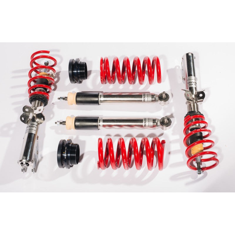 Roush 421839 single adjustable coilover kit featuring performance struts and height-adjustable red springs for Ford Mustang.