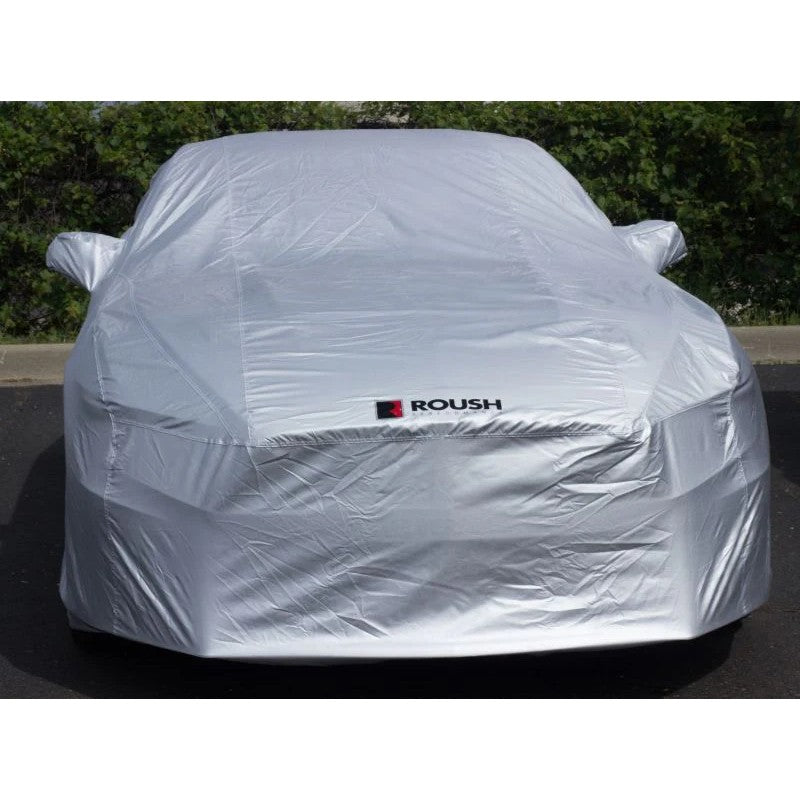 Roush Stormproof car cover with two-tone logo fitted on a 2015-2023 Ford Mustang.