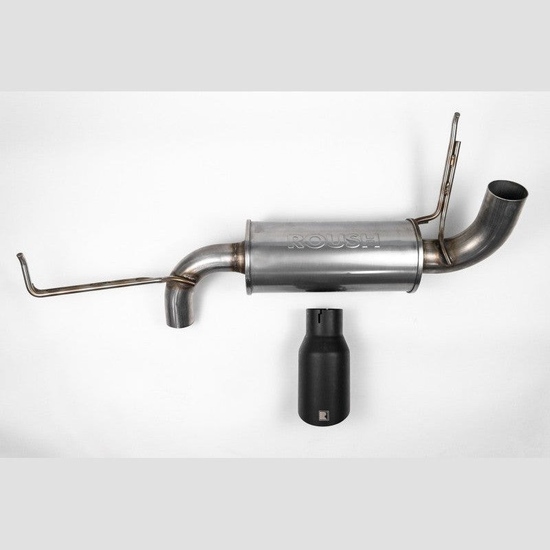 Roush T304 stainless steel axle-back exhaust system with 3-inch mandrel-bent tubing and etched removable tip for Ford Bronco.