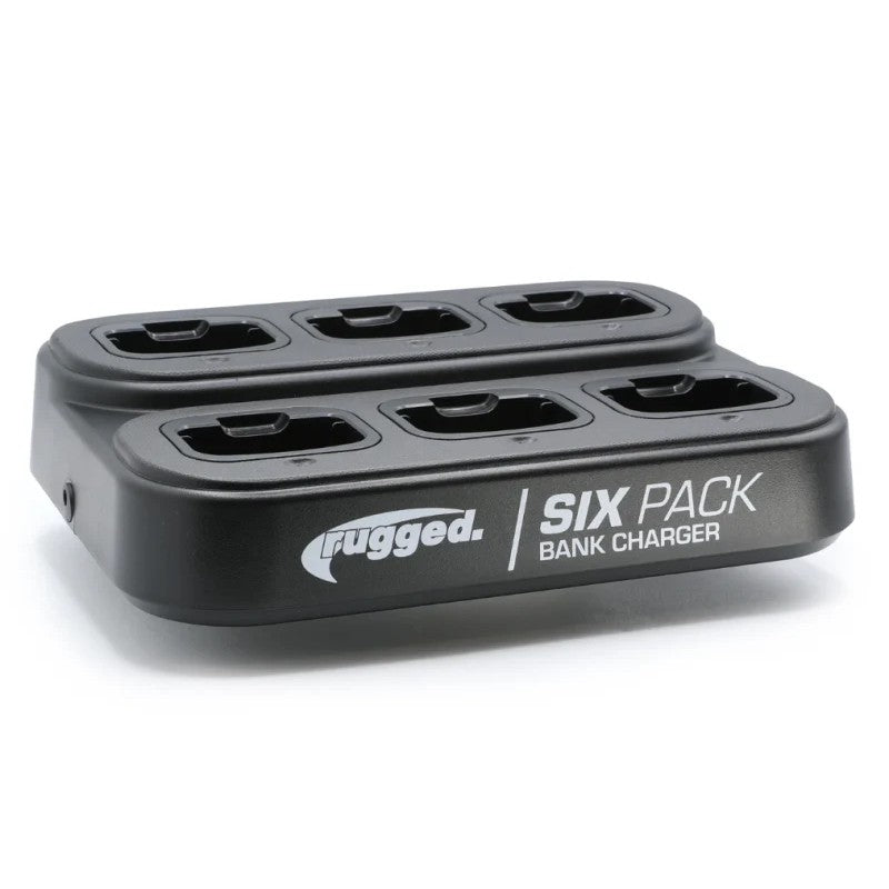 Rugged Radios 6-pack bank charger with six individual charging slots and LED indicators for R1 handheld radios.