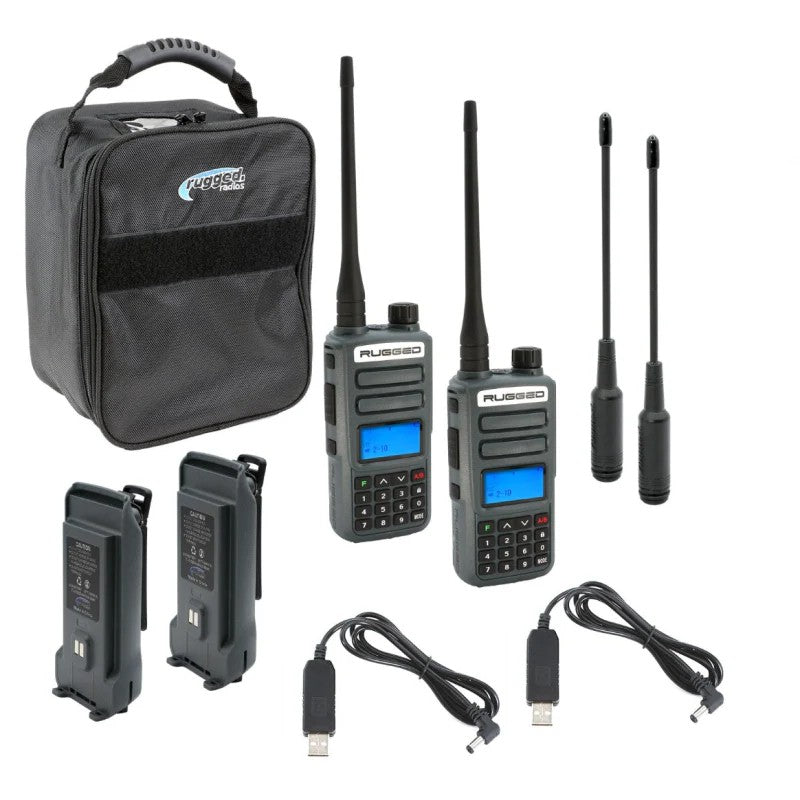 Rugged Radios GMR2 PLUS handheld GMRS radios with antennas and charging accessories in the Adventure Pack bundle.