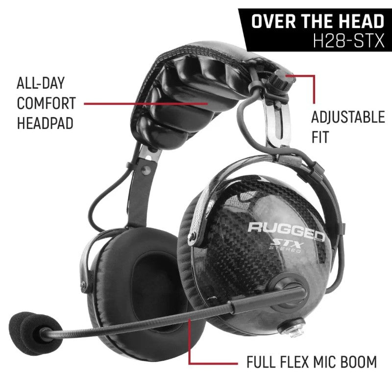 Rugged Radios H28-STX AlphaBass carbon fiber over-the-head stereo headset for offroad intercom use.
