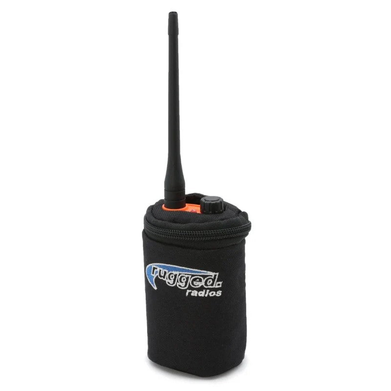 Black ballistic nylon storage bag for handheld radios with Rugged Radios branding