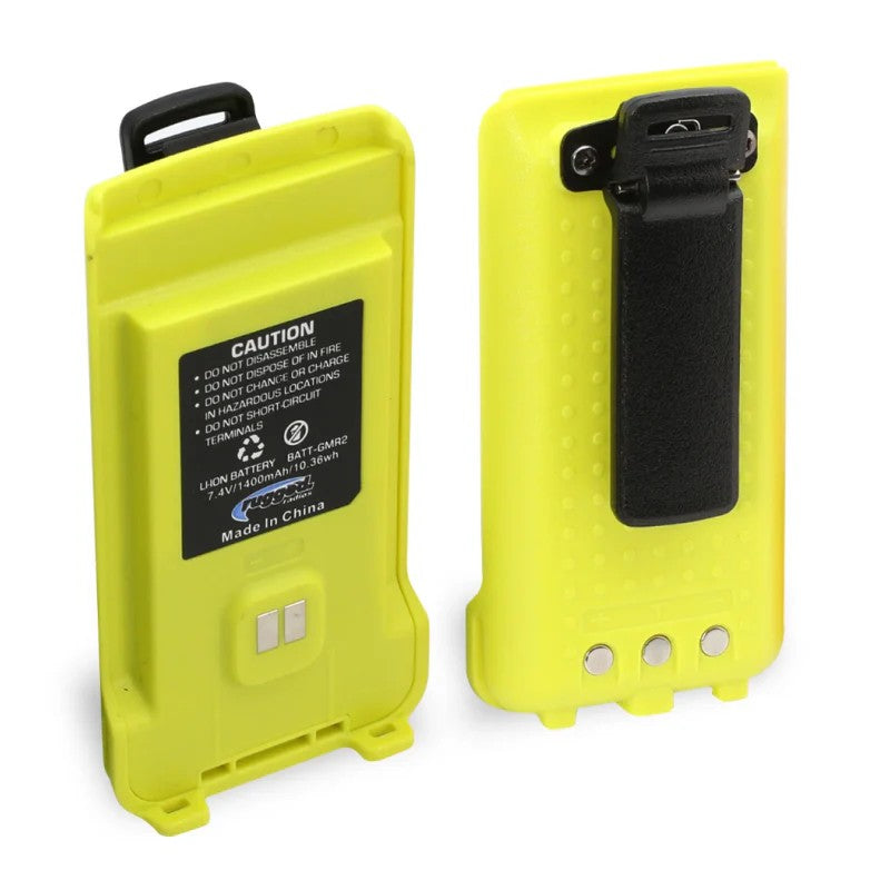 Safety Yellow Rugged Radios GMR2 replacement lithium-ion battery with integrated 12V charging port and belt clip.