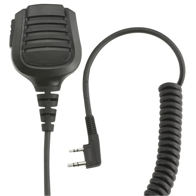 Rugged Radios HM-RH waterproof hand speaker microphone with heavy-duty coiled cord and swivel lapel clip.