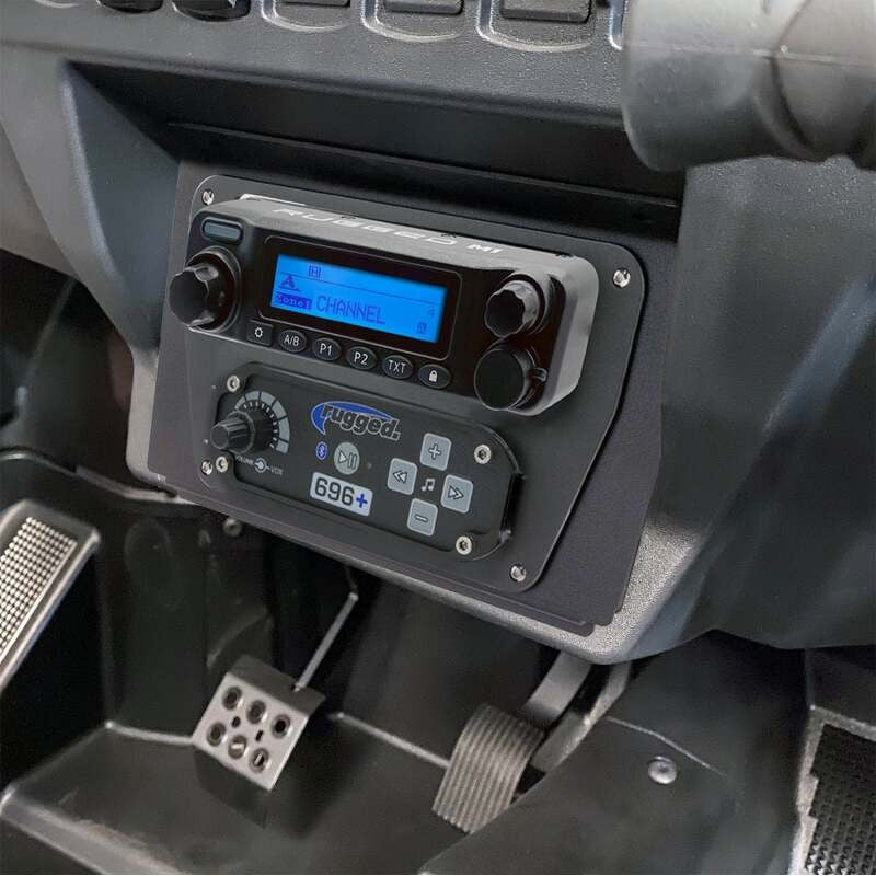 Rugged Radios 696 Plus intercom and M1 VHF radio kit with Polaris RZR XP 1000 dash mounting bracket.