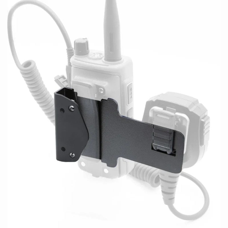Black metal Rugged Radios MT-RH-HM dual mount designed to hold a handheld radio and speaker microphone.