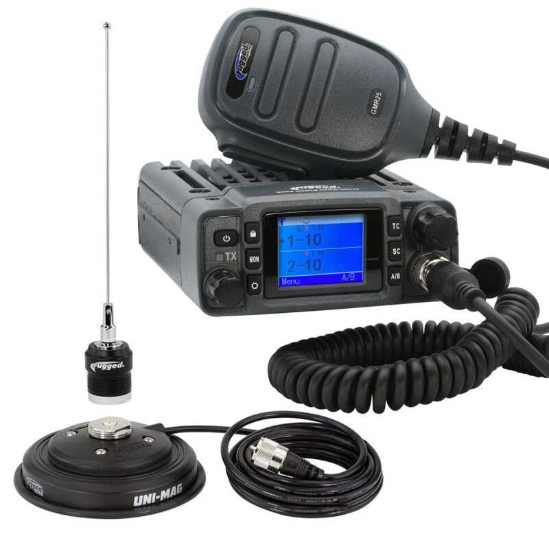 Rugged Radios GMR25 waterproof GMRS mobile radio unit with external antenna and mounting components.