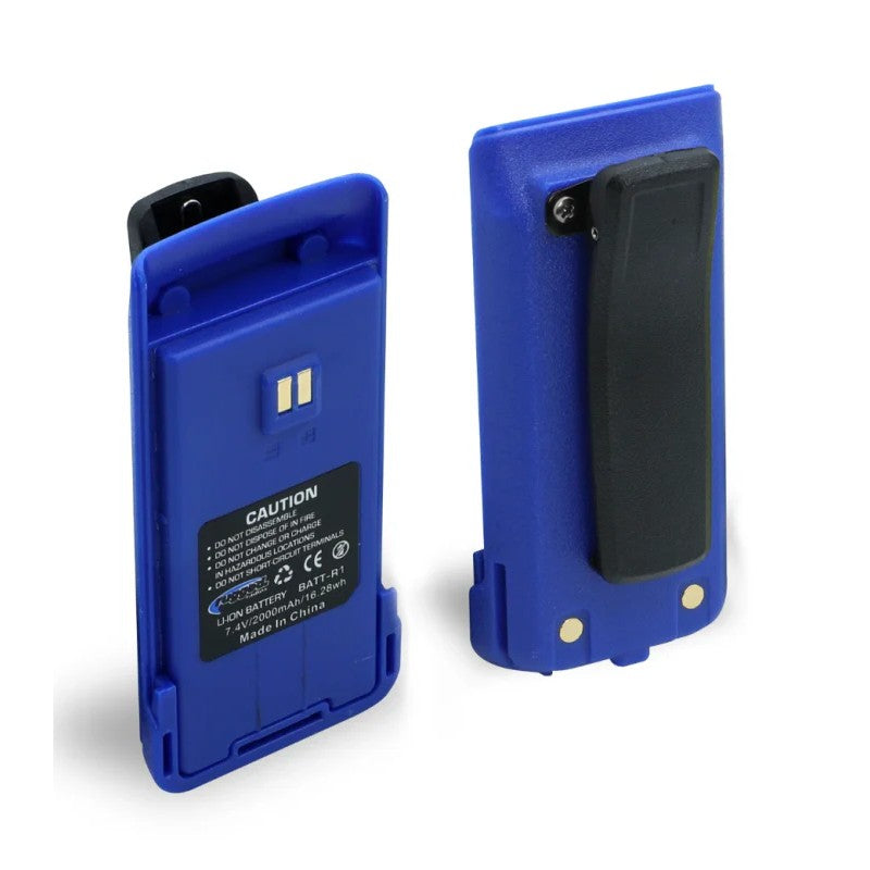 Black Rugged Radios lithium-ion replacement battery for R1 handheld radio with integrated 12V charging port.