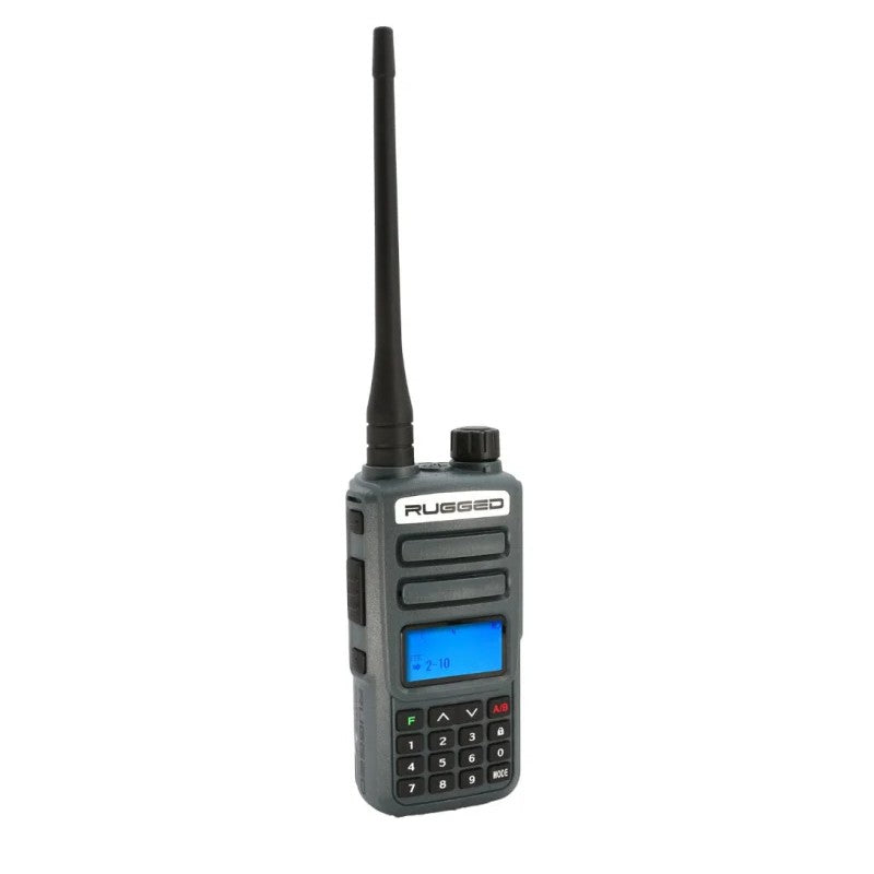 Grey Rugged Radios GMR2 PLUS handheld GMRS/FRS two-way radio with antenna and digital display