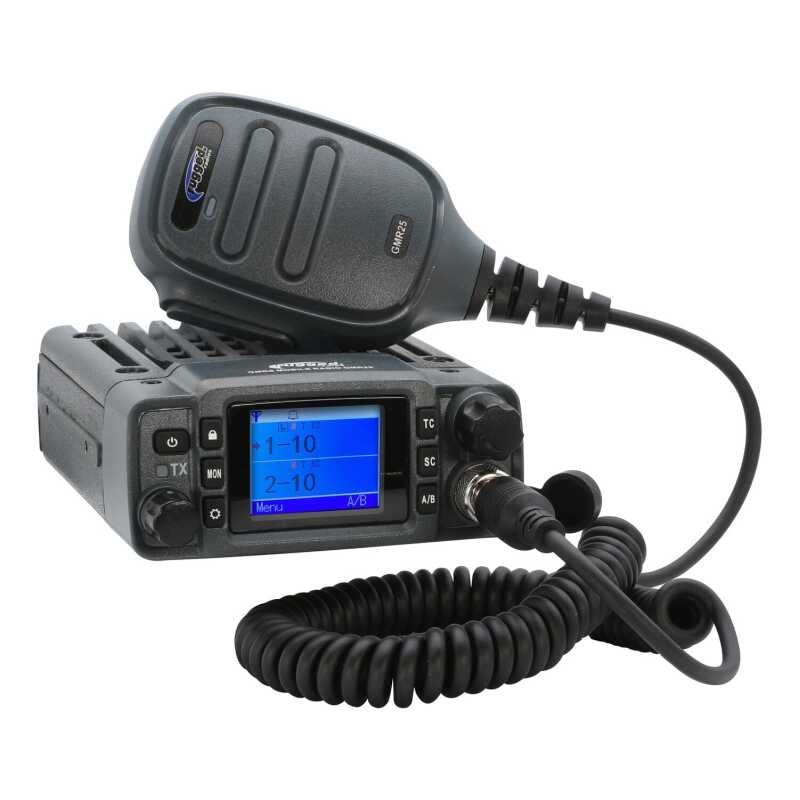 Rugged Radios GMR25 waterproof GMRS mobile radio showing front interface and handheld microphone.