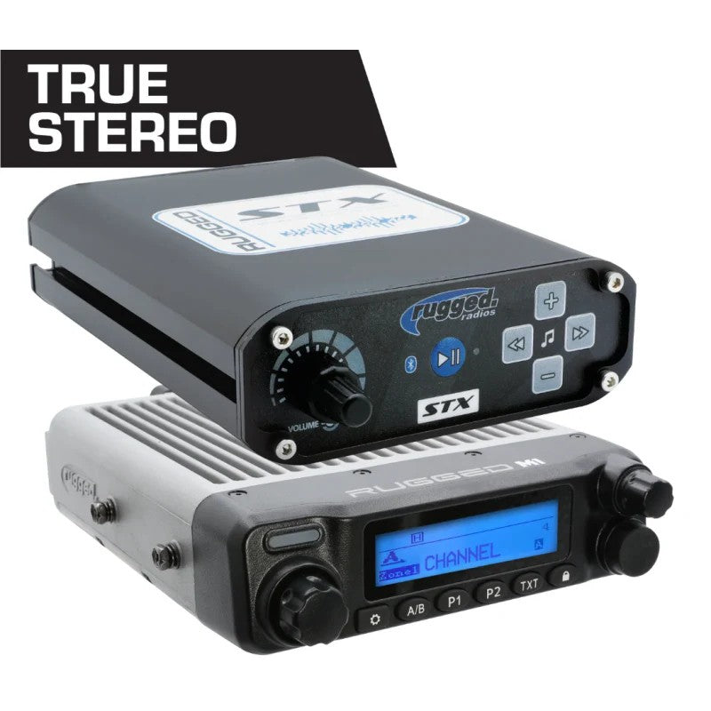 Rugged Radios STX Stereo intercom and M1 VHF business band mobile radio communication kit with cabling