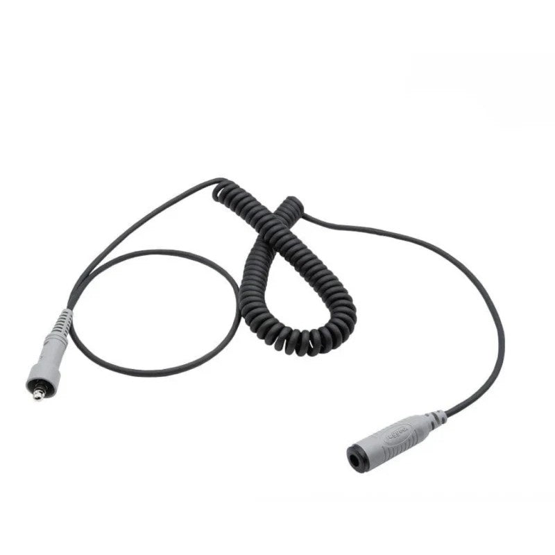 Coiled black Rugged Radios STX stereo extension cable for headsets and helmets with CC-STX-EXT part number.