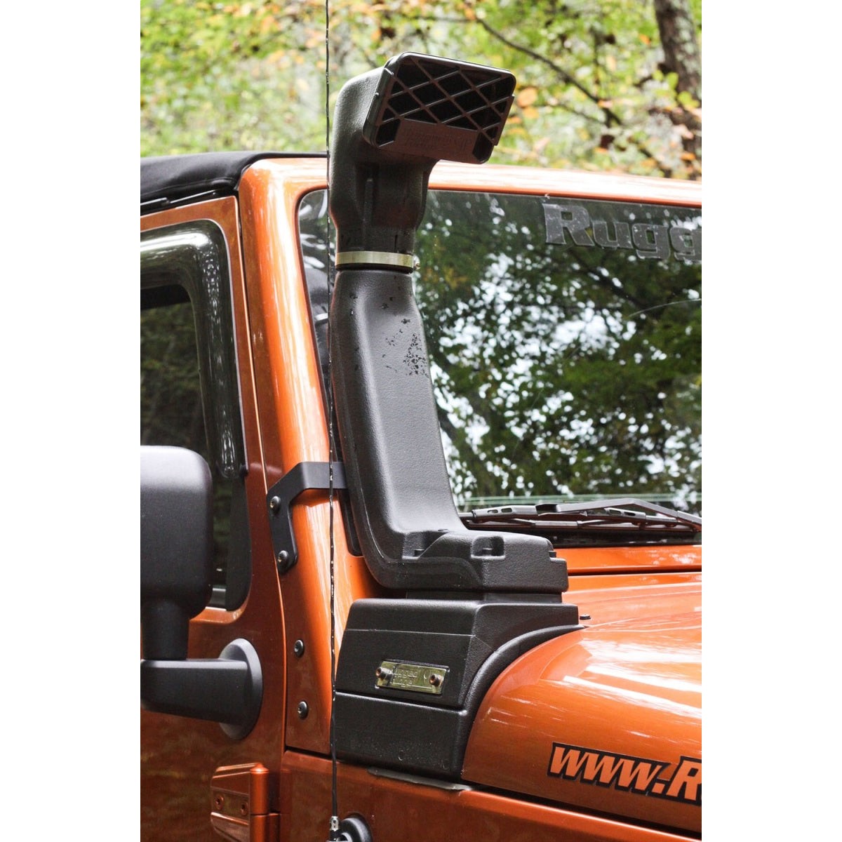 Rugged Ridge XHD Modular Snorkel Kit with mandrel-bent aluminum tubing and low mount intake for Jeep Wrangler JK.