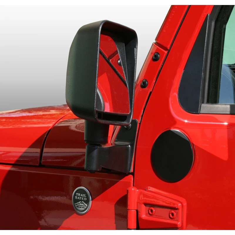 Pair of black rectangular Rugged Ridge mirror filler plates for 2007-2018 Jeep Wrangler JK doors.