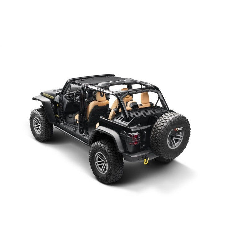 Rugged Ridge black stainless steel interior storage rack for 4-door Jeep Wrangler JK and JL.