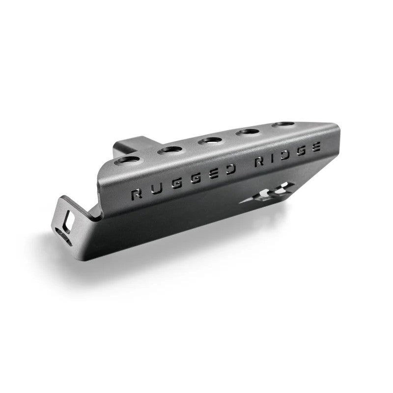 Rugged Ridge 1/4-inch steel hitch skid plate with integrated step in textured black for 2-inch receiver hitches.