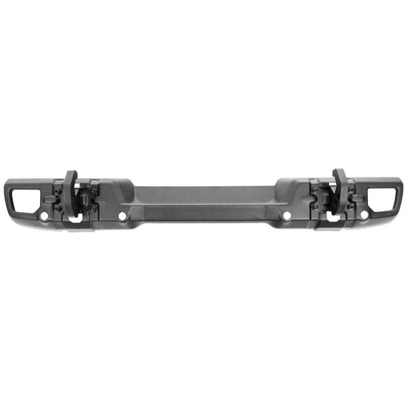 Textured black Rugged Ridge Arcus rear bumper featuring 1-inch thick recovery hooks for 2018-2025 Jeep Wrangler JL.