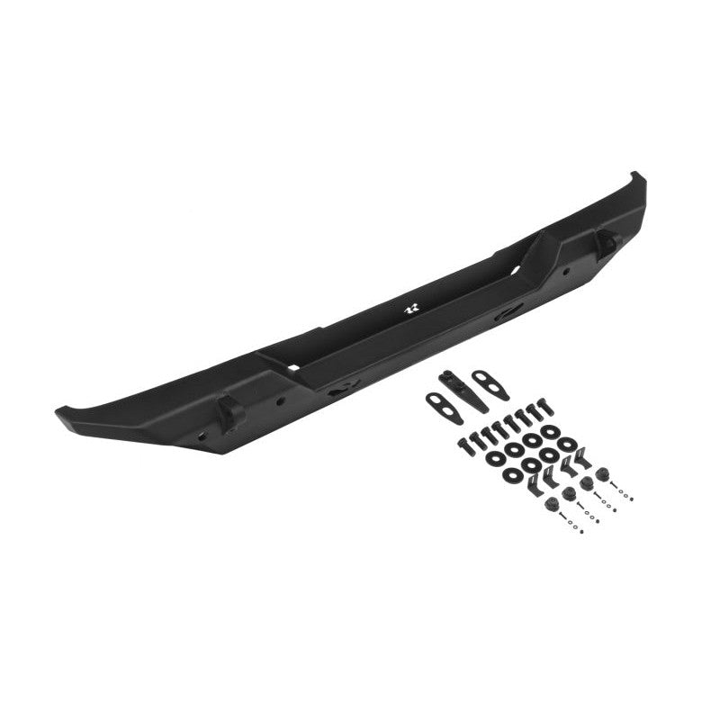 Rugged Ridge XOR Series black steel rear bumper with 1-inch shackle mounts and sensor ports for 2018-2025 Jeep Wrangler.