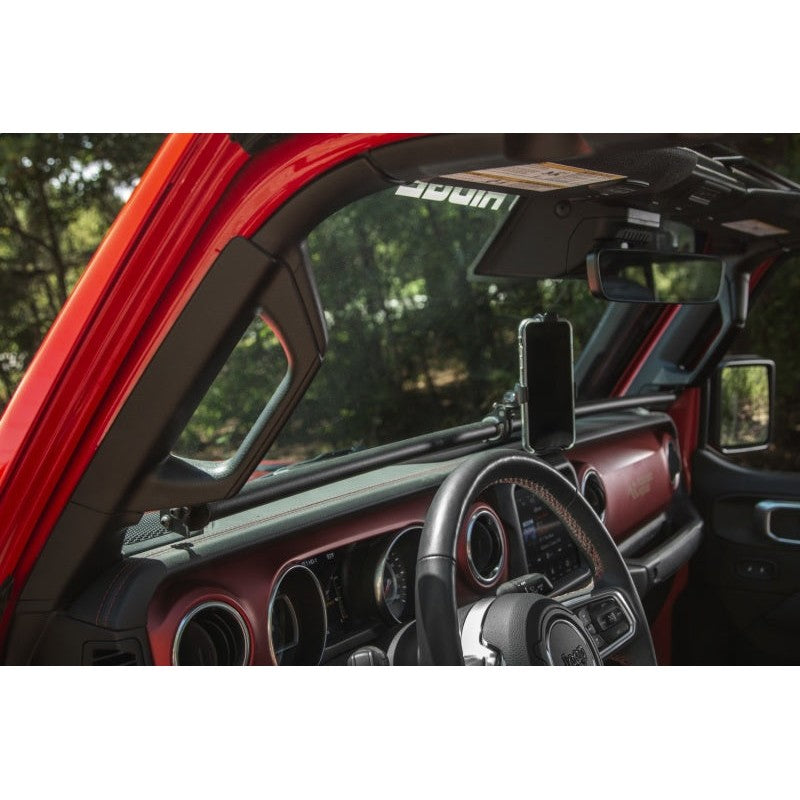 Rugged Ridge black textured powder coated steel Gear-Vise dash bar for 2018-2023 Jeep Wrangler JL and Gladiator JT.
