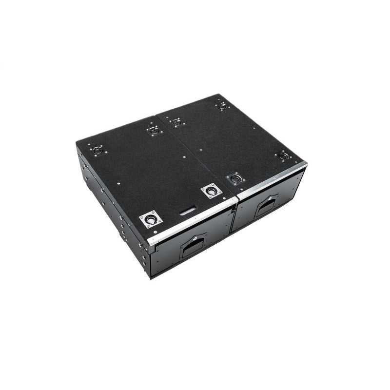 Rugged Ridge black powder coated steel cargo storage drawers with locking handles and sliding workstation for Jeep Wrangler
