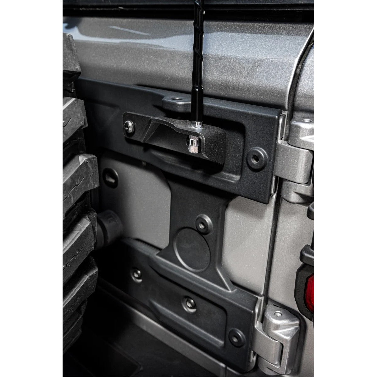 Rugged Ridge satin black 4mm plate steel CB radio antenna mount for 2018-2025 Jeep Wrangler JL spare tire carrier