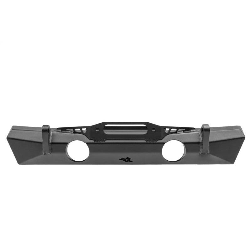Rugged Ridge XOR stubby front bumper with 5mm steel construction and integrated winch plate for Jeep Wrangler and Gladiator.
