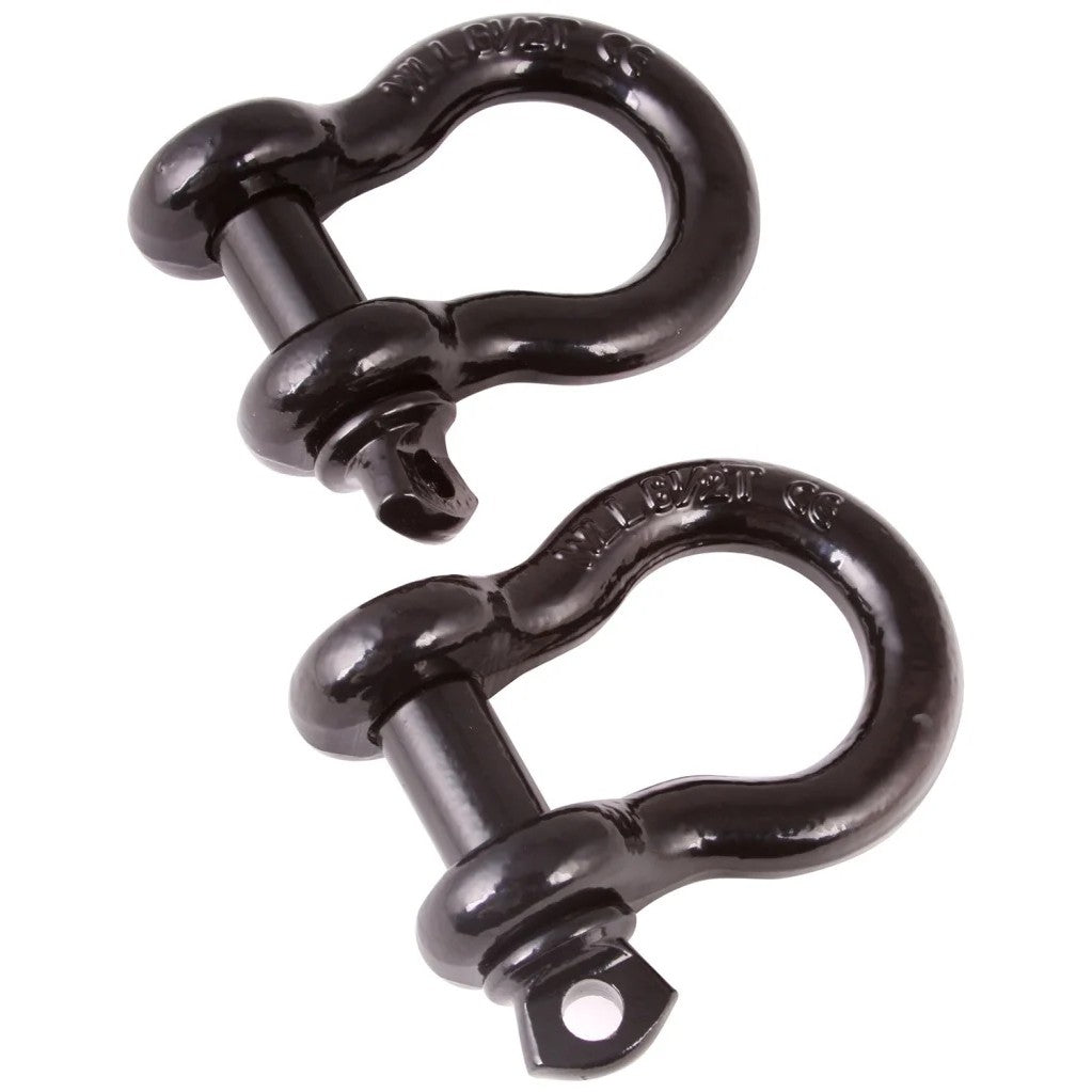 Pair of Rugged Ridge black 3/4-inch galvanized steel D-shackles with 9,500lb capacity rating