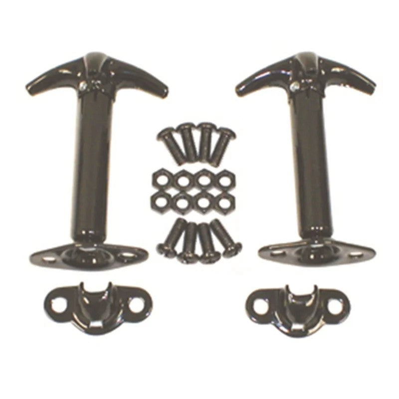 Pair of Rugged Ridge semi-gloss black powder-coated hood catches and mounting hardware for Jeep CJ and Wrangler.