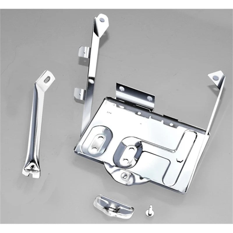 Mirror polished 304 stainless steel battery tray kit for 1976-1986 Jeep CJ and Scrambler models.
