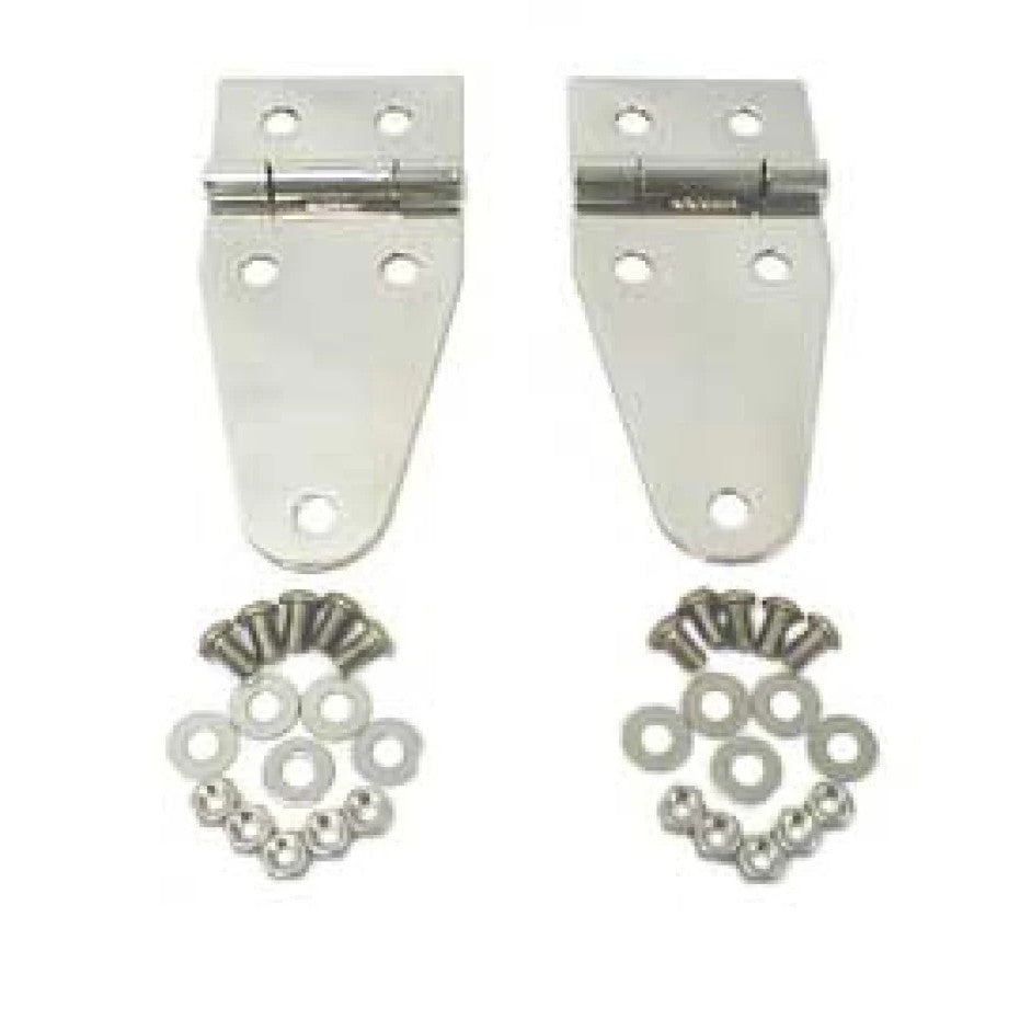 A pair of polished stainless steel hood hinges for 1976-1995 Jeep CJ and Wrangler models.