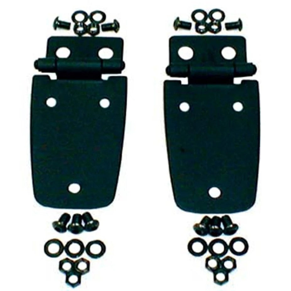 Pair of Rugged Ridge semi-gloss black powder-coated steel hood hinges for 1997-2006 Jeep Wrangler