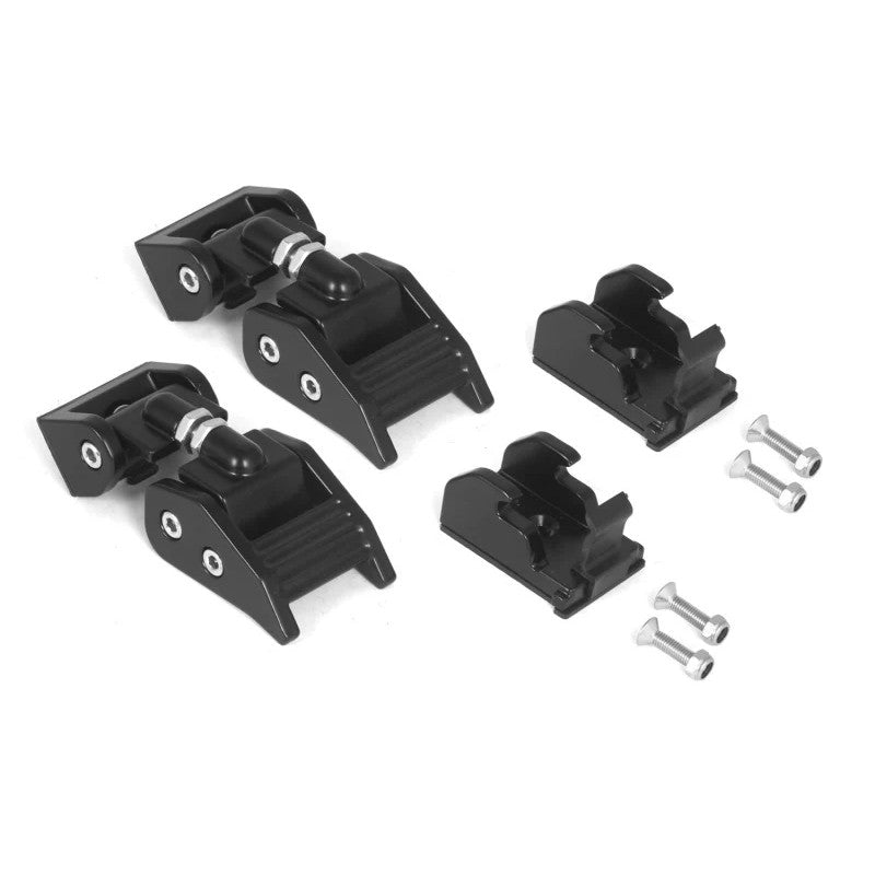Rugged Ridge black aluminum adjustable hood catch kit with stainless steel hardware for 1997-2006 Jeep Wrangler TJ.