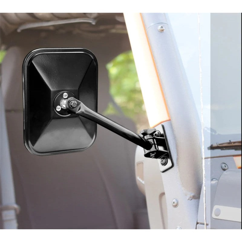 Rugged Ridge black rectangular quick release mirrors with adjustable arms and mounting brackets for 1997-2018 Jeep Wrangler