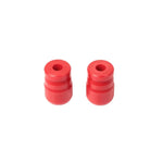 Pair of red Prothane polyurethane front bump stops for 2007-2018 Jeep Wrangler JK JKU.