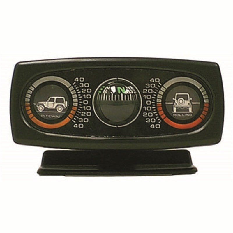 Rugged Ridge black universal dash-mounted clinometer showing pitch and roll gauges with a central analog compass.